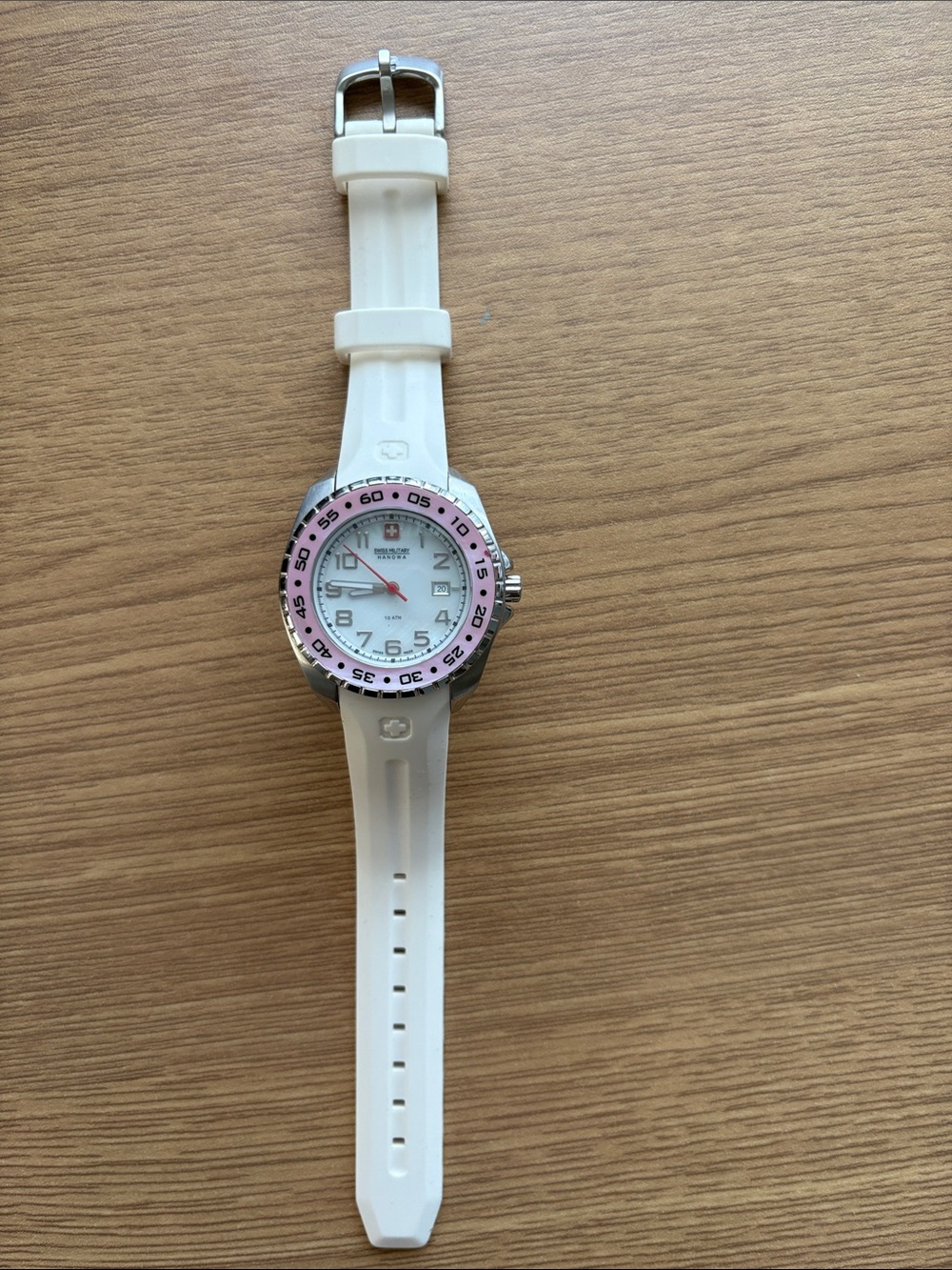 White Silicone Sport Watch with Pink Bezel